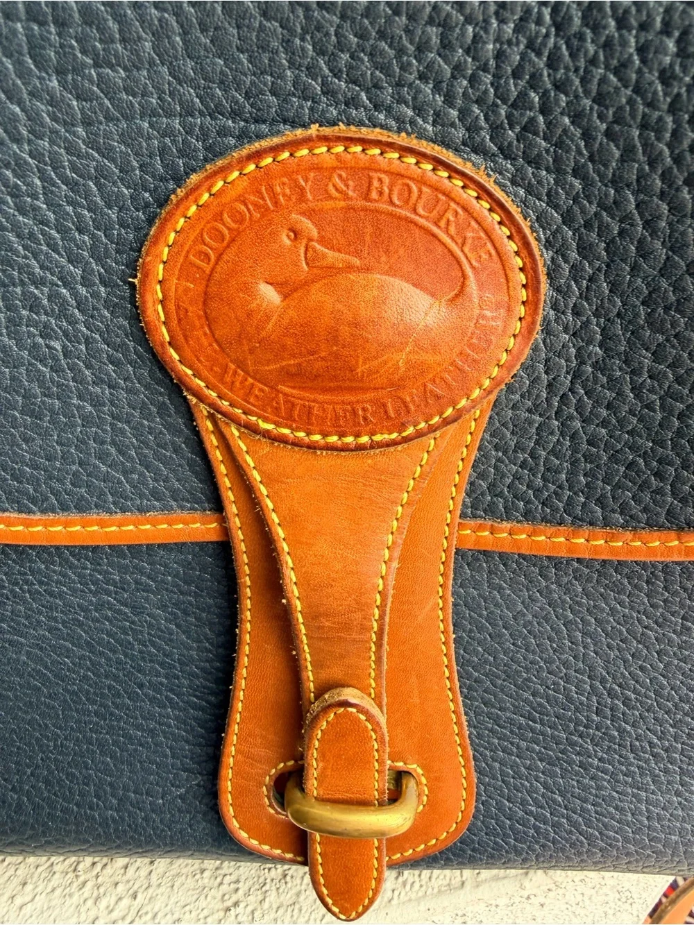 Vintage Dooney & Bourke All Weather Leather Navy British Tan Crossbody USA Made